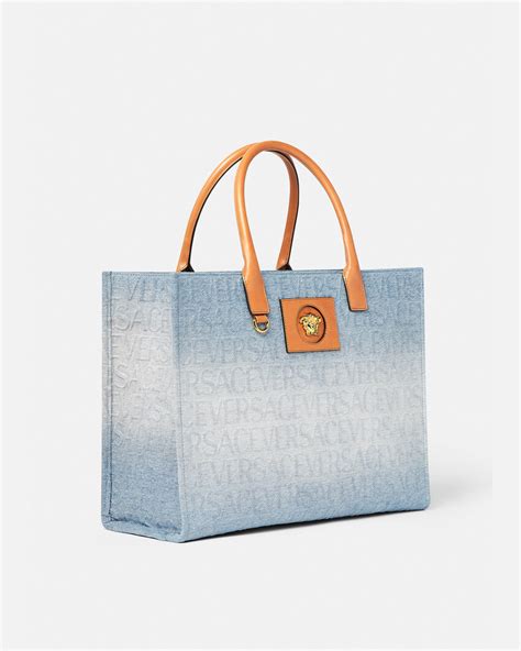 versace logo leather tote|Versace denim tote bag.